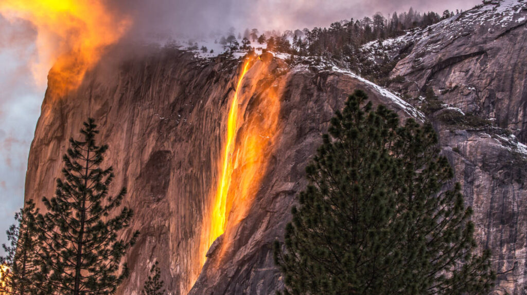 View of the glowing Yosemite Firefall in California