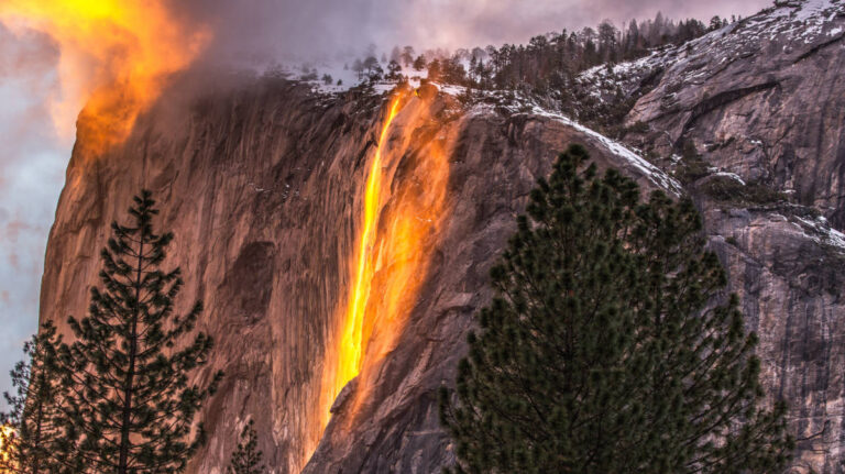 View of the glowing Yosemite Firefall in California