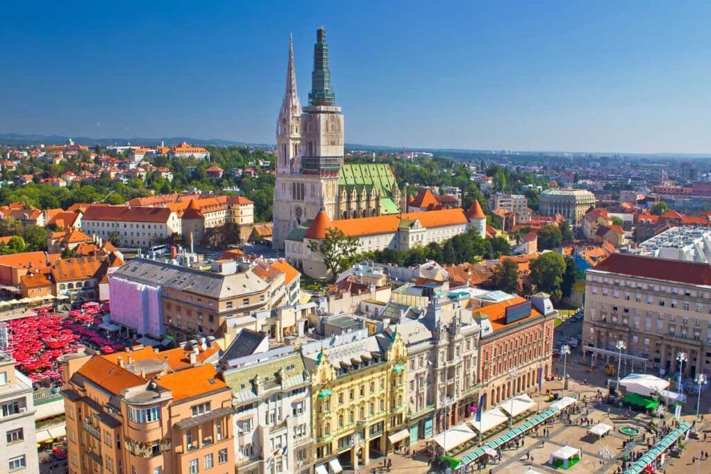 Aerial view of stunning architectures and the Cathedral of Zagreb