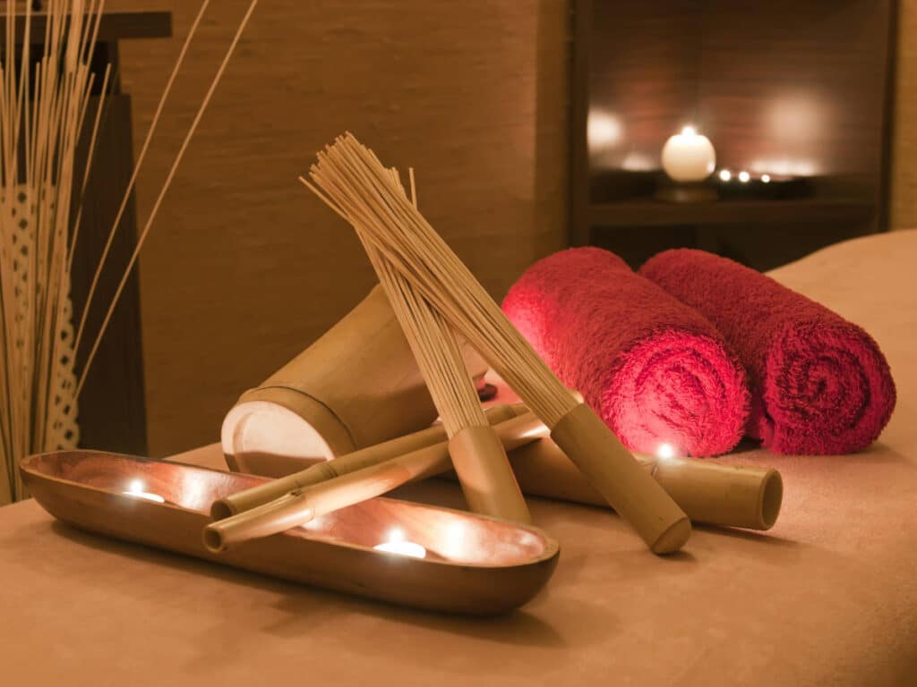 View of towels and candles at the Zahara Day Spa