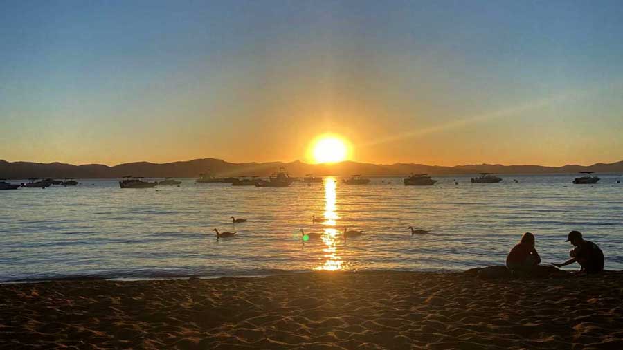 View from the Zephyr Cove Resort in Lake Tahoe during sunset