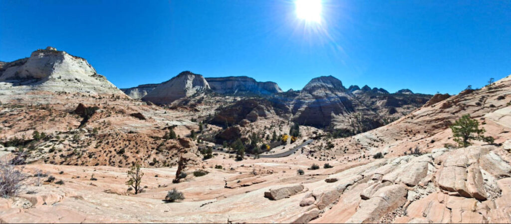 Panoramic view of the landscape at Zion National Park on a sunny day