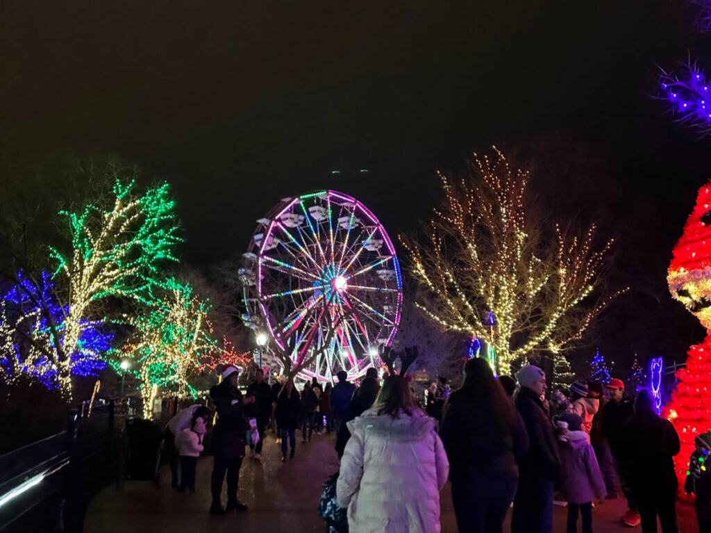 People walk around near the Ferris wheel at night during ZooLights event