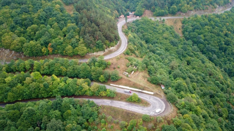 Aerial view of the winding mountain road to Yerevan