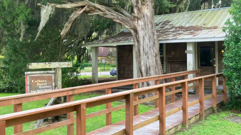 Old house embraced by trees and a rustic wooden walkway at Calhoun Street Gallery