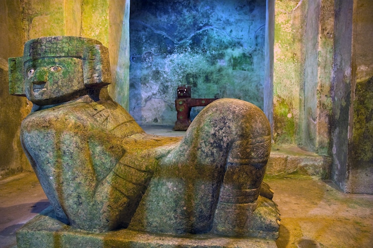 A stone carving inside the main pyramid at Chichen Itza