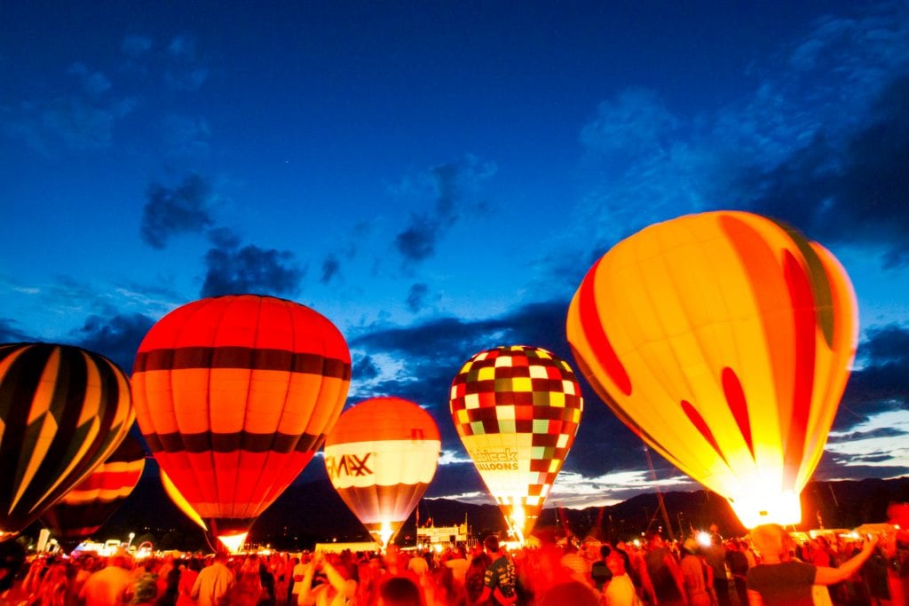 View of the hot air balloons preparing to fly at night