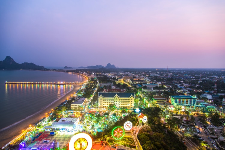 Aerial view of the night light of the cityscape of Prachuap Khiri Khan