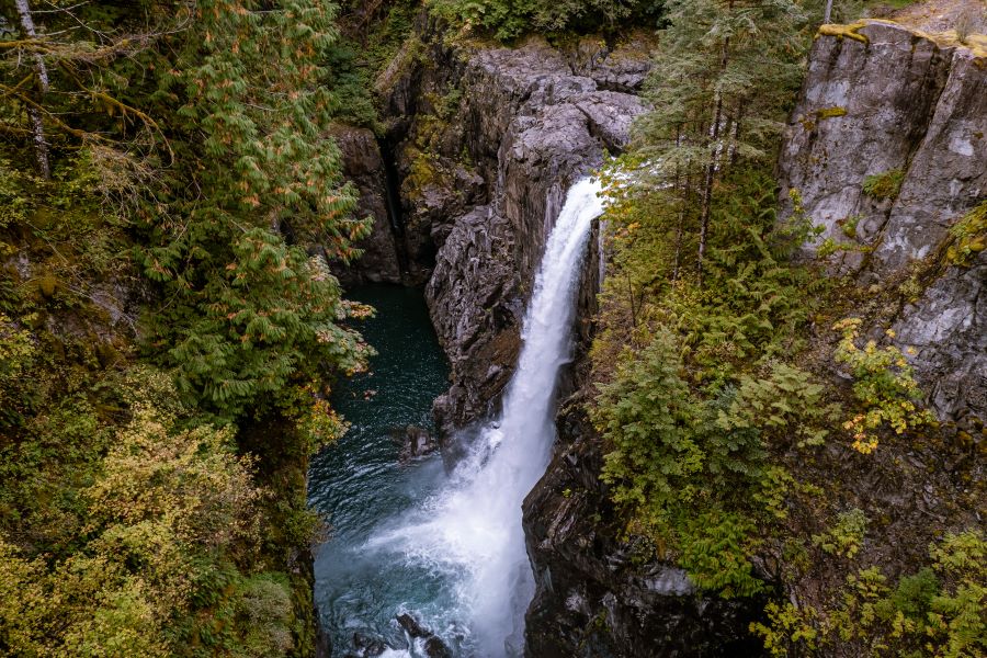 An overhead view of Elk Falls in Elk Falls Provincial Park, Vancouver Island