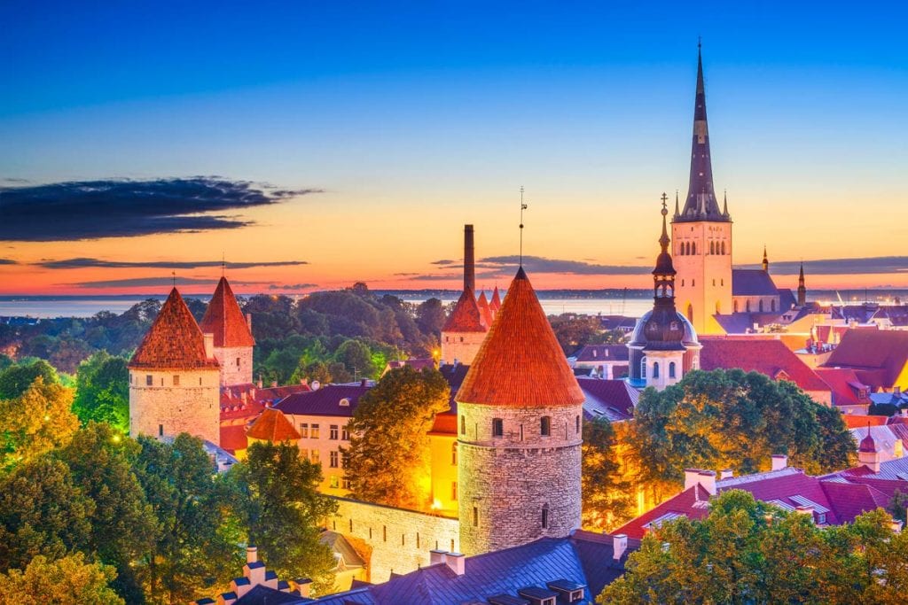 Aerial view of the cityscape of Estonia at dusk
