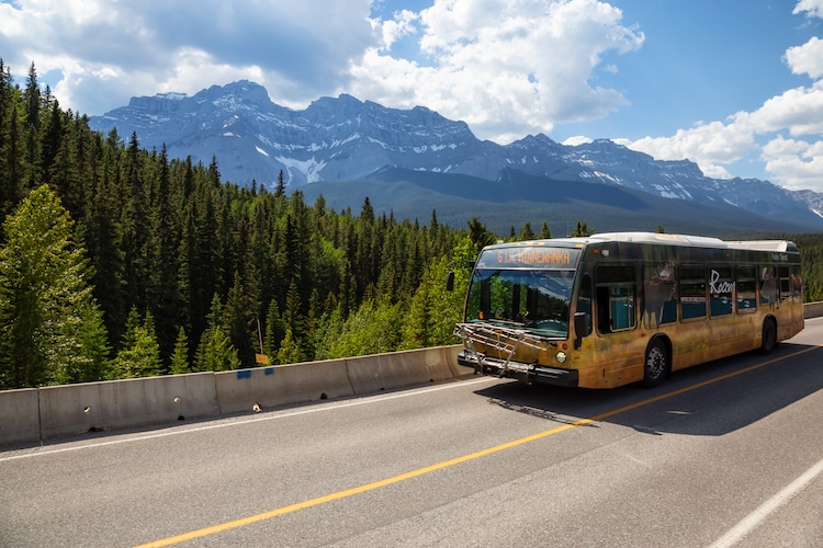 Public bus riding on the scenic road during a sunny summer day