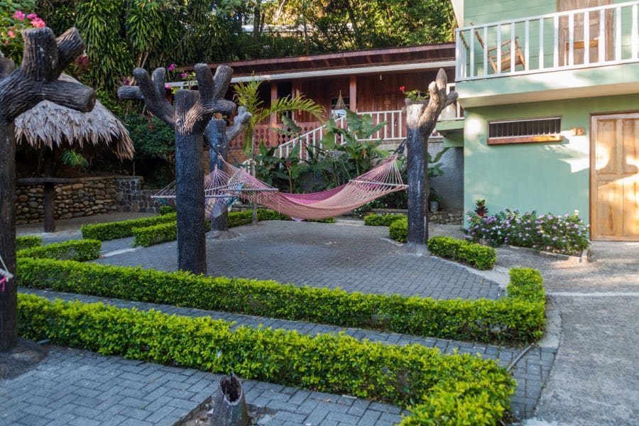 A hammock on a garden in a hostel