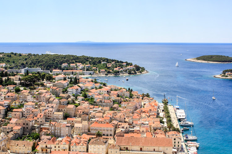 An aerial view of the town of Hvar and the Adriatic Sea