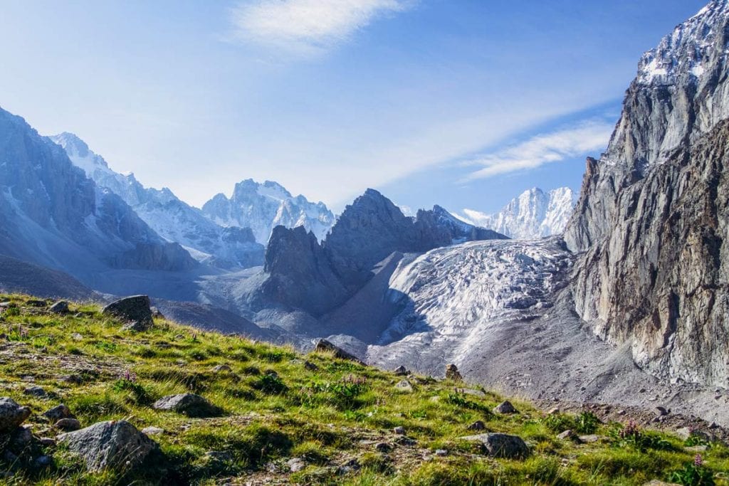 Panoramic view of the rock formations and the landscape of Kyrgyzstan