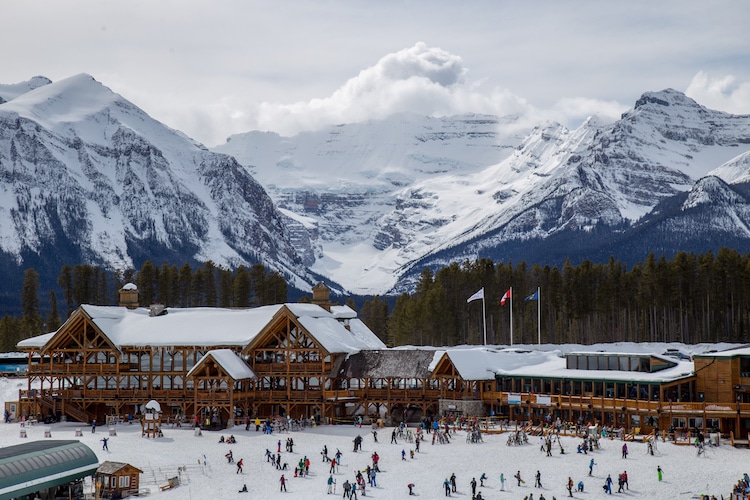 Aerial view of Lake Louise Resort and its surrounding mountains