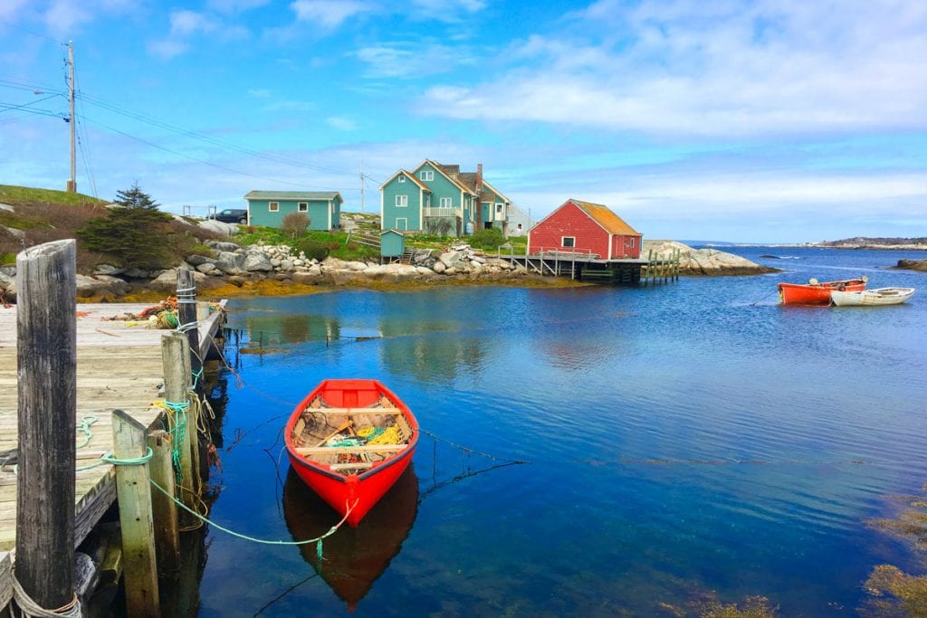 View of the red boats docked in the town of Nova Scotia