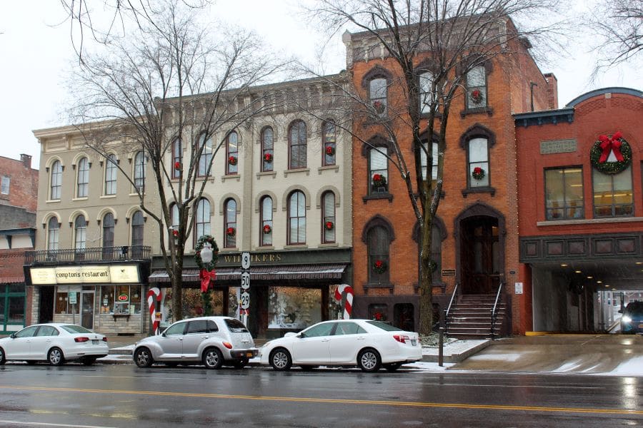 Broadway street in Downtown Saratoga Springs New York City near the holiday season
