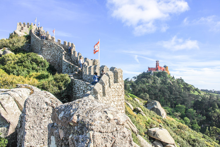 View of the stone step at the Castle of the Moors and Pena Palace at Sintra