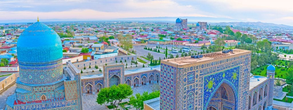 Aerial view of the unique and colorful architecture of Uzbekistan
