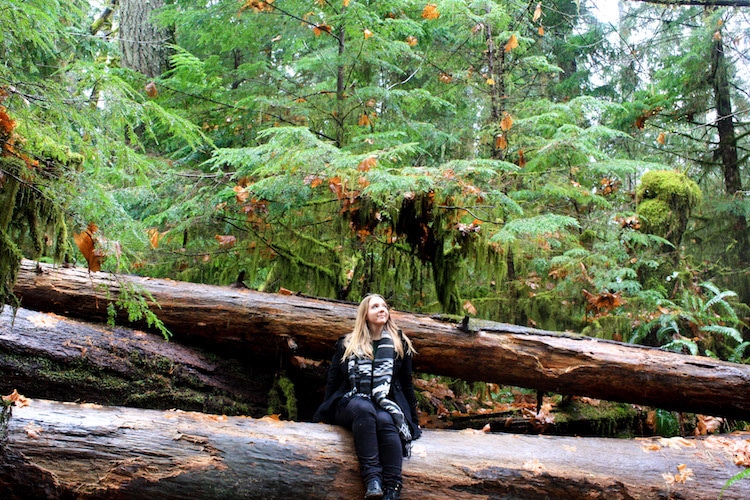 Woman sits on fallen tree stump in Cathedral Grove, Vancouver Island.