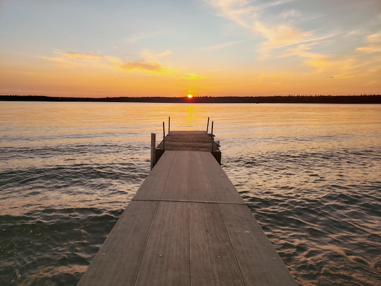 Sunset over a dock on in Whiteshell Provincial Park, Manitoba, Canada