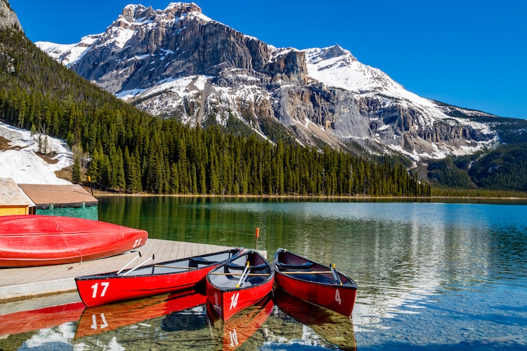Canoes on Emerald Lake at Yoho National Park. British Columbia