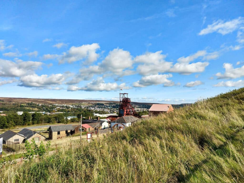 Panoramic view of the lush landscape around Big Pit National Coal Museum with an overlooking view of Blaenavon